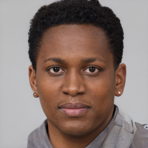 Neutral black young-adult female with short  brown hair and brown eyes