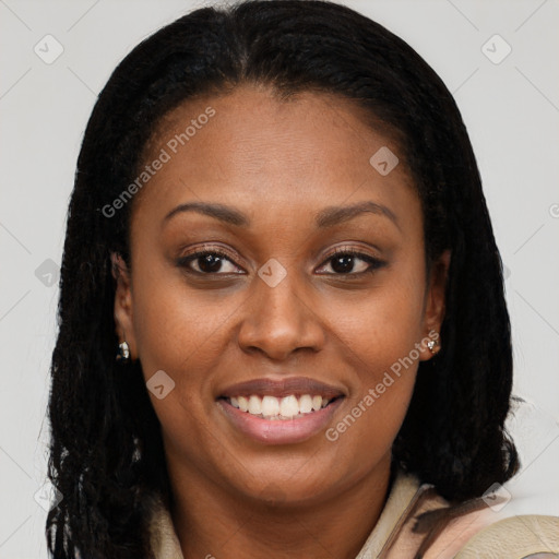 Joyful latino young-adult female with long  brown hair and brown eyes