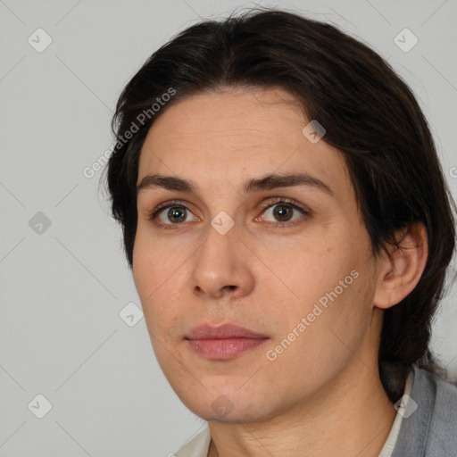 Neutral white young-adult female with medium  brown hair and brown eyes