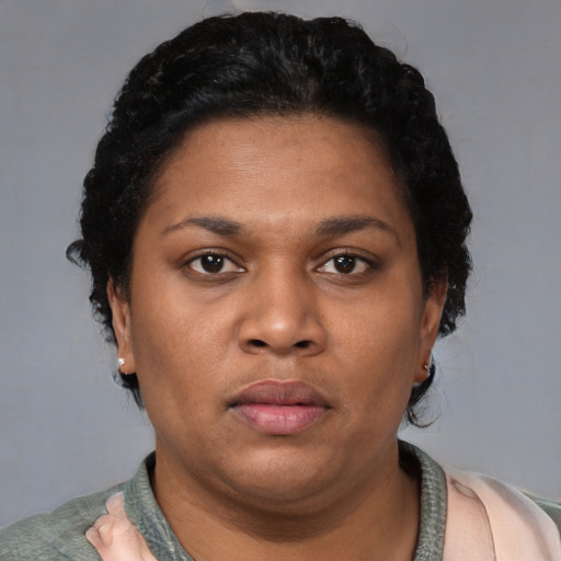 Neutral black adult female with short  brown hair and brown eyes