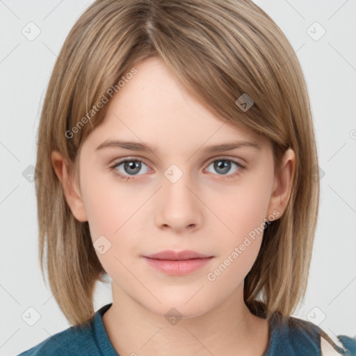 Neutral white young-adult female with medium  brown hair and grey eyes