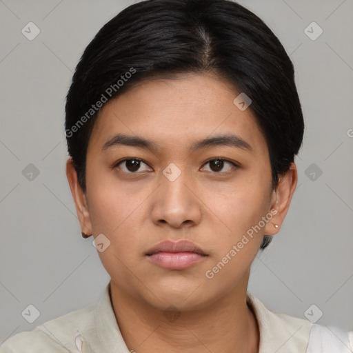 Neutral asian young-adult female with short  black hair and brown eyes