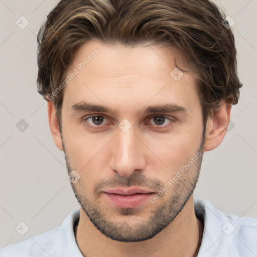 Neutral white young-adult male with short  brown hair and brown eyes