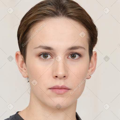 Neutral white young-adult female with short  brown hair and brown eyes