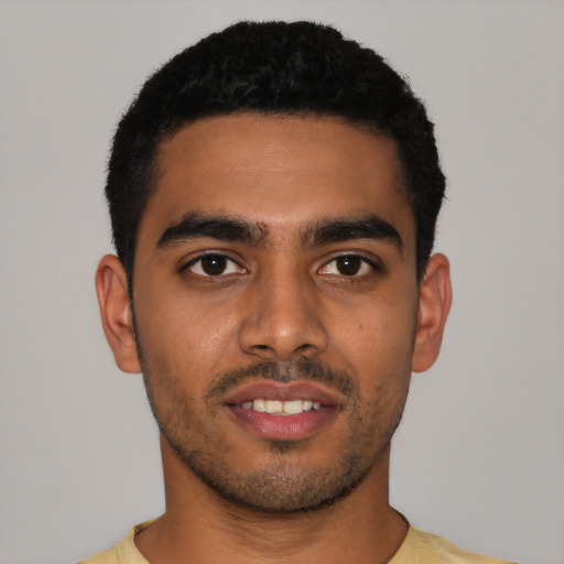 Neutral latino young-adult male with short  black hair and brown eyes