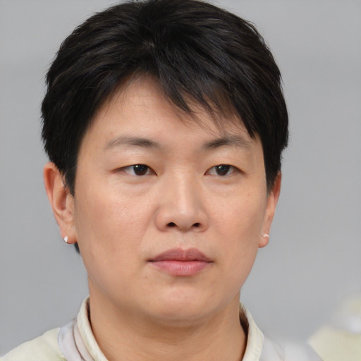 Neutral asian young-adult male with short  brown hair and brown eyes