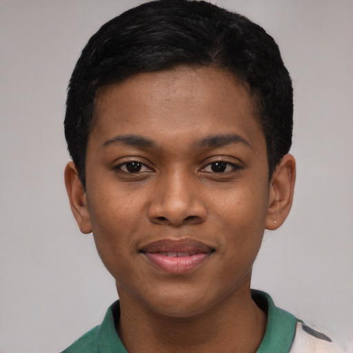 Joyful black young-adult female with short  black hair and brown eyes
