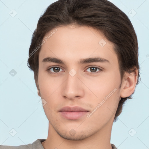 Neutral white young-adult male with short  brown hair and brown eyes