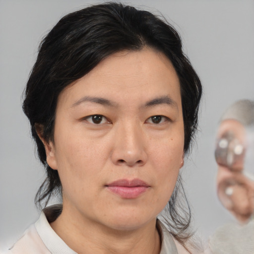 Neutral asian young-adult female with medium  black hair and brown eyes