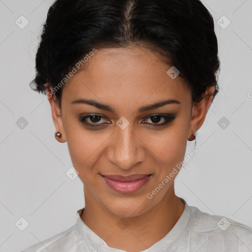 Joyful latino young-adult female with short  brown hair and brown eyes