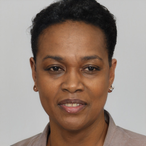 Neutral black adult female with short  black hair and brown eyes
