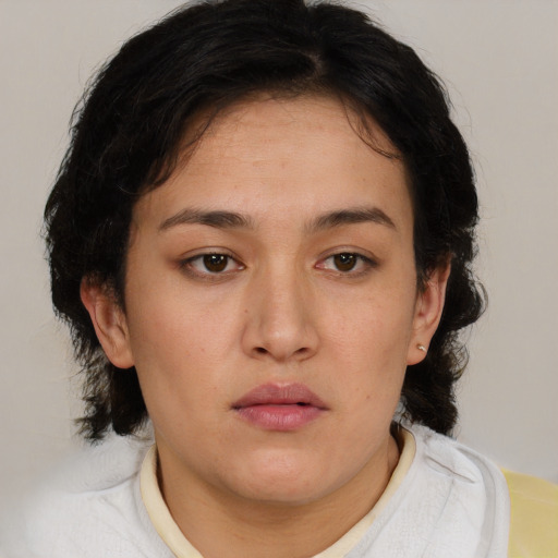 Neutral latino young-adult female with medium  brown hair and brown eyes