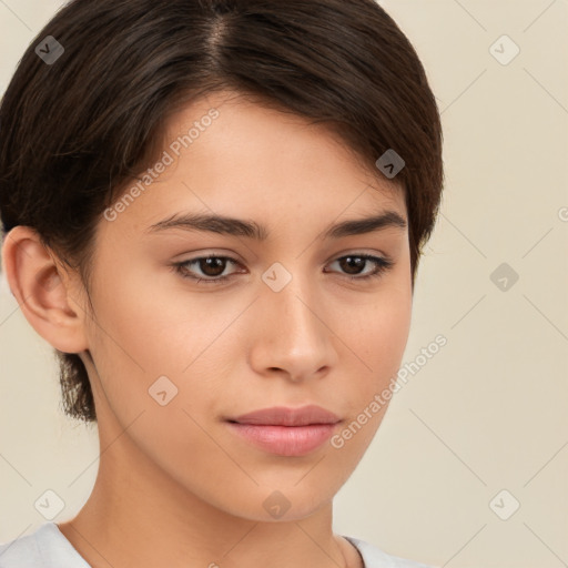 Neutral white young-adult female with short  brown hair and brown eyes