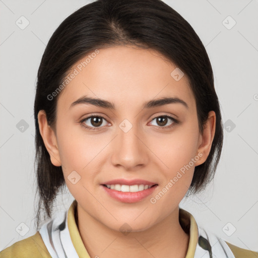 Joyful white young-adult female with medium  brown hair and brown eyes