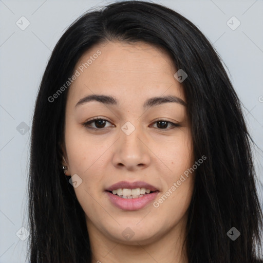 Joyful asian young-adult female with long  brown hair and brown eyes