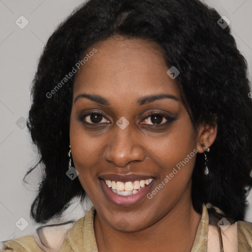 Joyful latino young-adult female with long  black hair and brown eyes