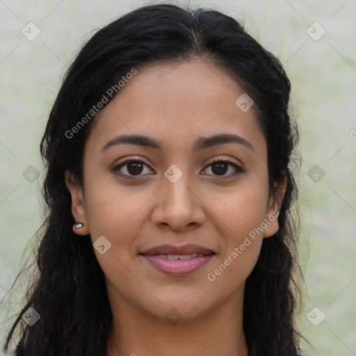 Joyful latino young-adult female with long  brown hair and brown eyes