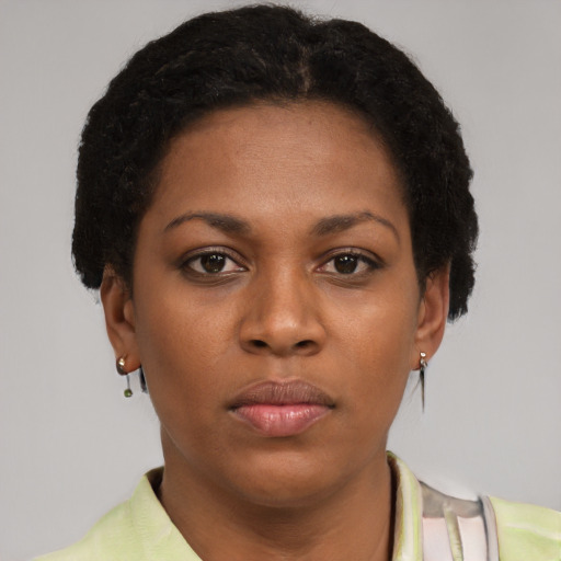 Neutral black young-adult female with short  brown hair and brown eyes