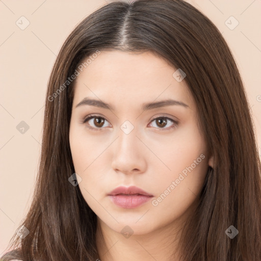 Neutral asian young-adult female with long  brown hair and brown eyes