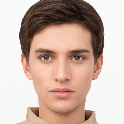 Neutral white young-adult male with short  brown hair and brown eyes