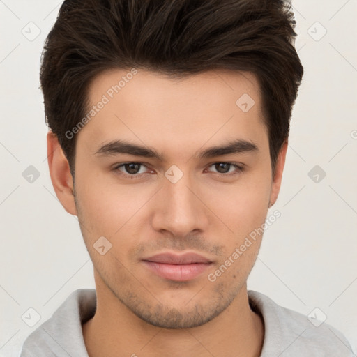 Neutral white young-adult male with short  brown hair and brown eyes