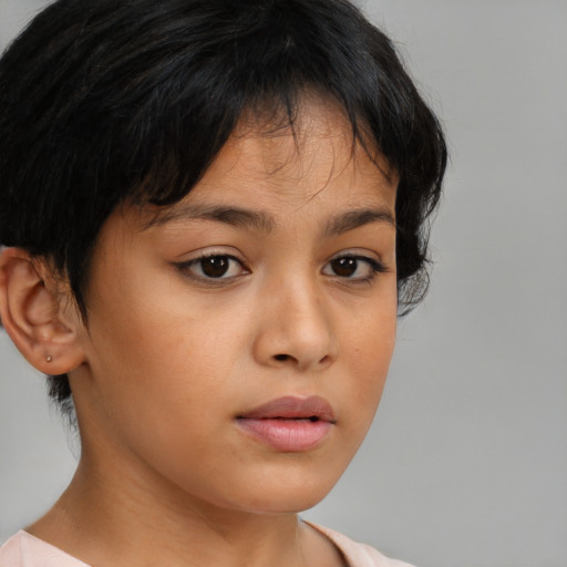 Neutral latino young-adult female with medium  brown hair and brown eyes