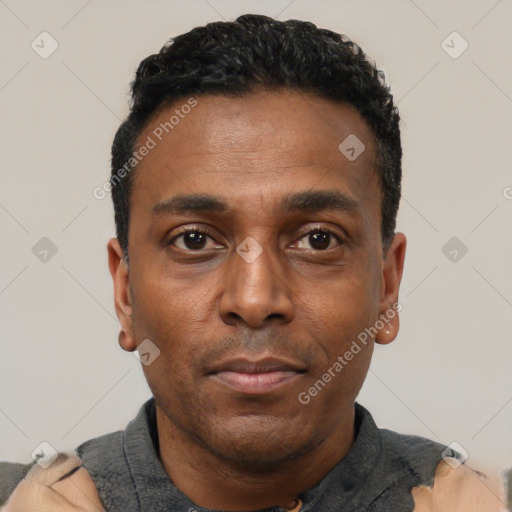 Neutral black adult male with short  black hair and brown eyes