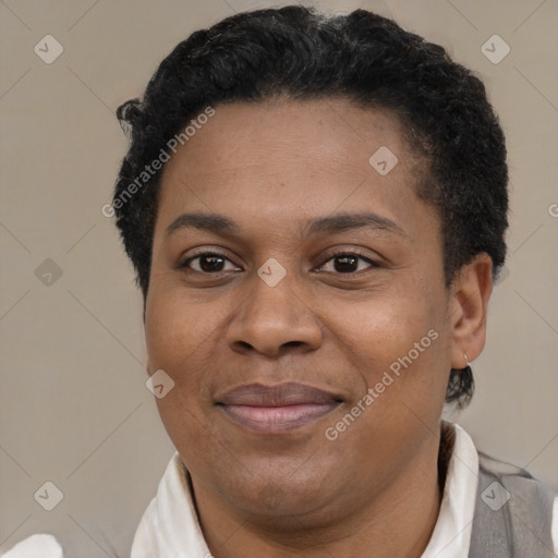 Joyful latino young-adult female with short  black hair and brown eyes