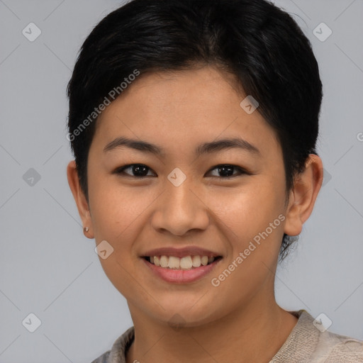 Joyful asian young-adult female with short  brown hair and brown eyes