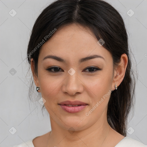 Joyful asian young-adult female with medium  brown hair and brown eyes