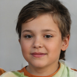 Joyful white child female with short  brown hair and brown eyes