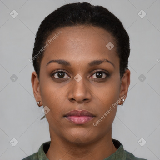 Neutral black young-adult female with short  brown hair and brown eyes