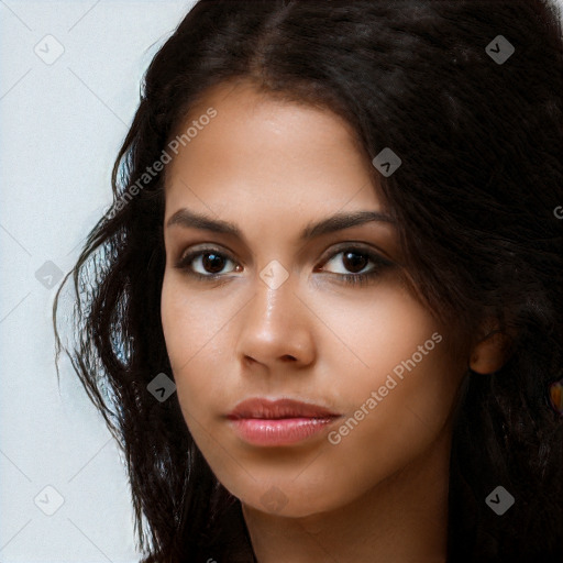 Neutral white young-adult female with long  black hair and brown eyes