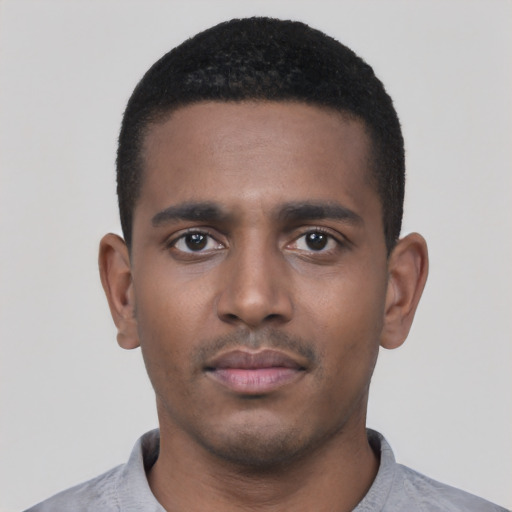 Neutral black young-adult male with short  black hair and brown eyes