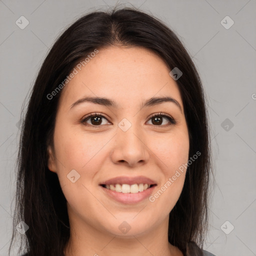 Joyful white young-adult female with long  brown hair and brown eyes