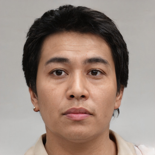 Neutral asian young-adult male with short  black hair and brown eyes