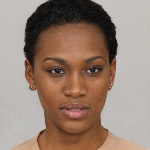 Neutral black young-adult female with short  black hair and brown eyes