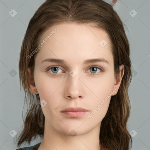 Neutral white young-adult female with medium  brown hair and grey eyes