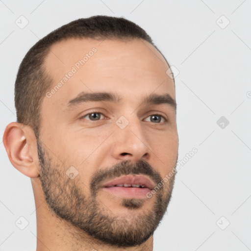 Neutral white young-adult male with short  brown hair and brown eyes