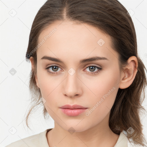 Neutral white young-adult female with medium  brown hair and brown eyes