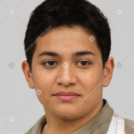 Joyful latino young-adult female with short  brown hair and brown eyes