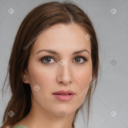 Neutral white young-adult female with medium  brown hair and brown eyes