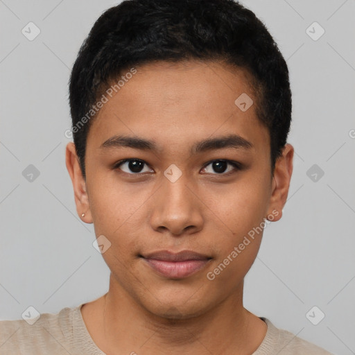 Neutral asian young-adult male with short  black hair and brown eyes