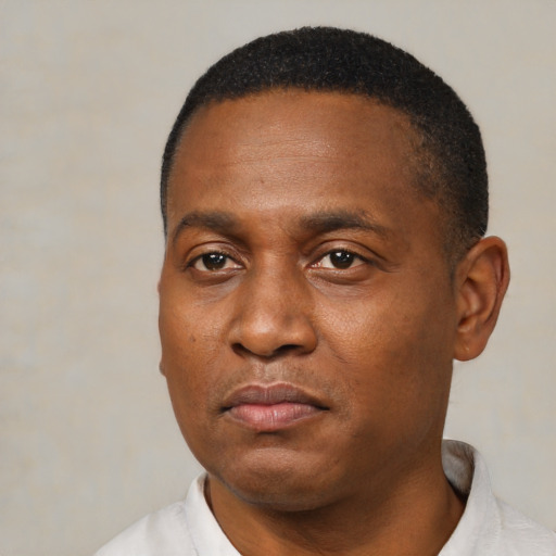 Neutral black young-adult male with short  black hair and brown eyes