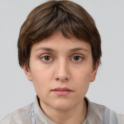 Neutral white young-adult female with short  brown hair and brown eyes