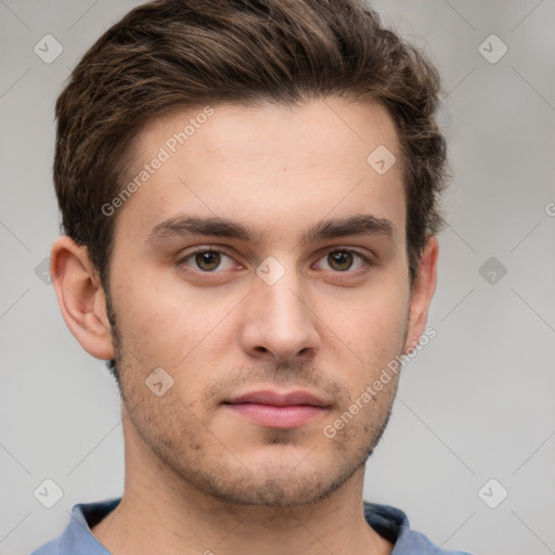 Neutral white young-adult male with short  brown hair and grey eyes