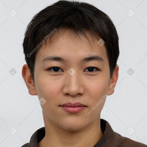 Neutral asian young-adult male with short  brown hair and brown eyes