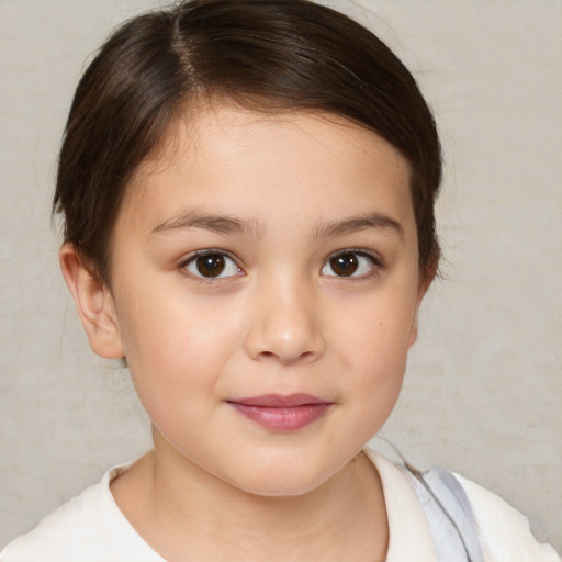 Joyful white child female with medium  brown hair and brown eyes