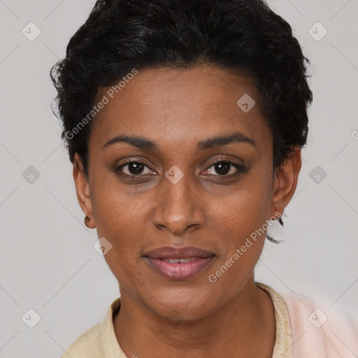 Joyful latino young-adult female with short  black hair and brown eyes