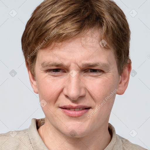 Joyful white adult male with short  brown hair and grey eyes